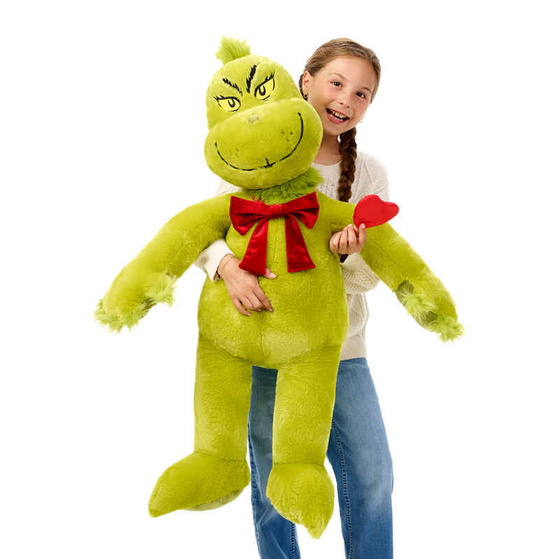 Giant Grinch plush with red velvet bow by Build-A-Bear