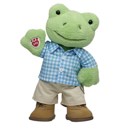 Spring Green Frog Stuffed Animal Blue Gingham Gift Set