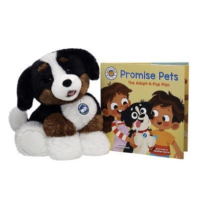 Bernese Mountain Dog with "Promise Pets: The Adopt-A-Pup Plan" Book