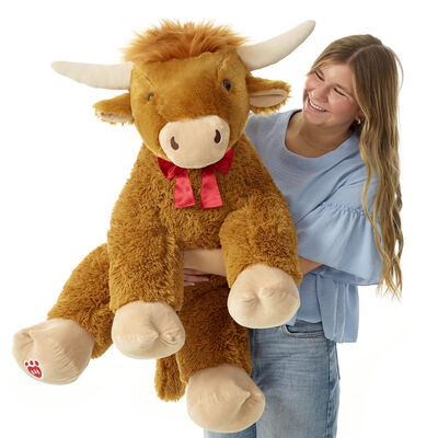 Giant Shaggy Highland Cow Stuffed Animal with Red Gifting Bow