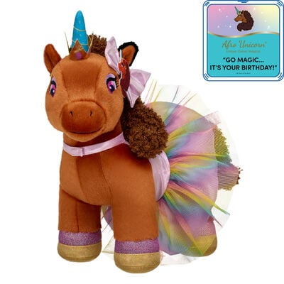 Unique Afro Unicorn® Plush with Dress, Bow & “Go Magic…It’s Your Birthday!” Song