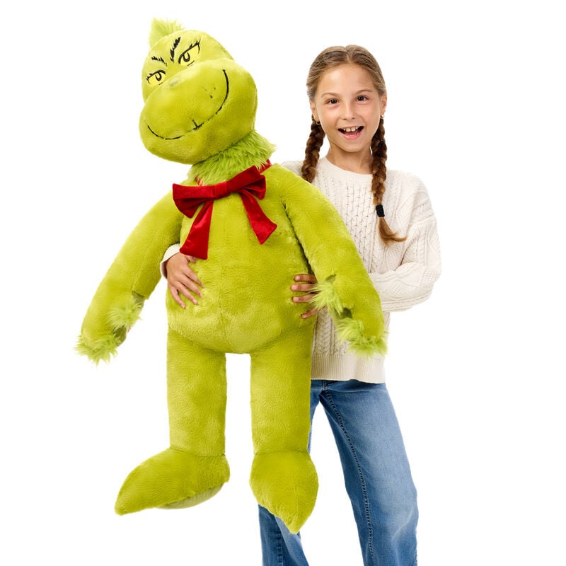 Giant Grinch plush with red velvet bow by Build-A-Bear