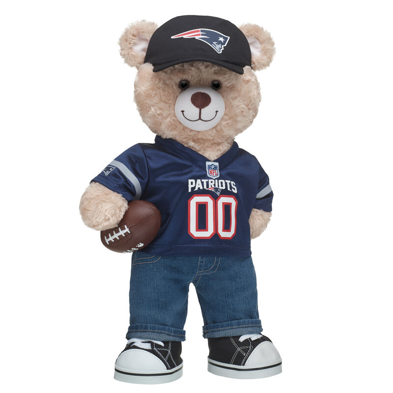 New England Patriots Happy Hugs Bear with Jersey, Fan Hat, and Football - Build-A-Bear Workshop&reg;