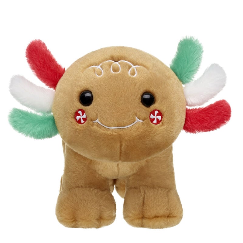 Front view of the Gingerbread Axolotl's icing smile and peppermint cheeks