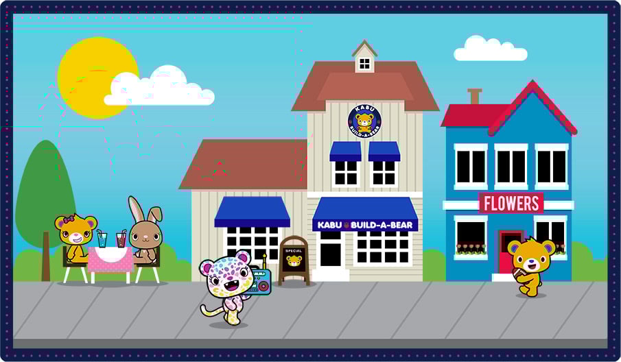 The town of Kabuville, with all the Kabu friends on the sidewalk.