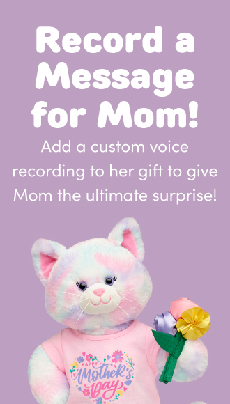 Multi-colored stuffed animal cat wearing a Mother's day t-shirt and holding flowers.  Record a message for mom.